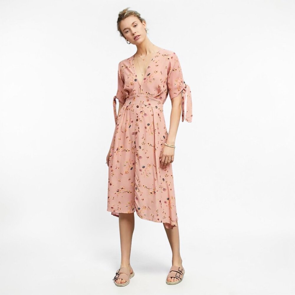 Faithfull the Brand Salina Floral Midi Dress Pink Tie Sleeve Size 6